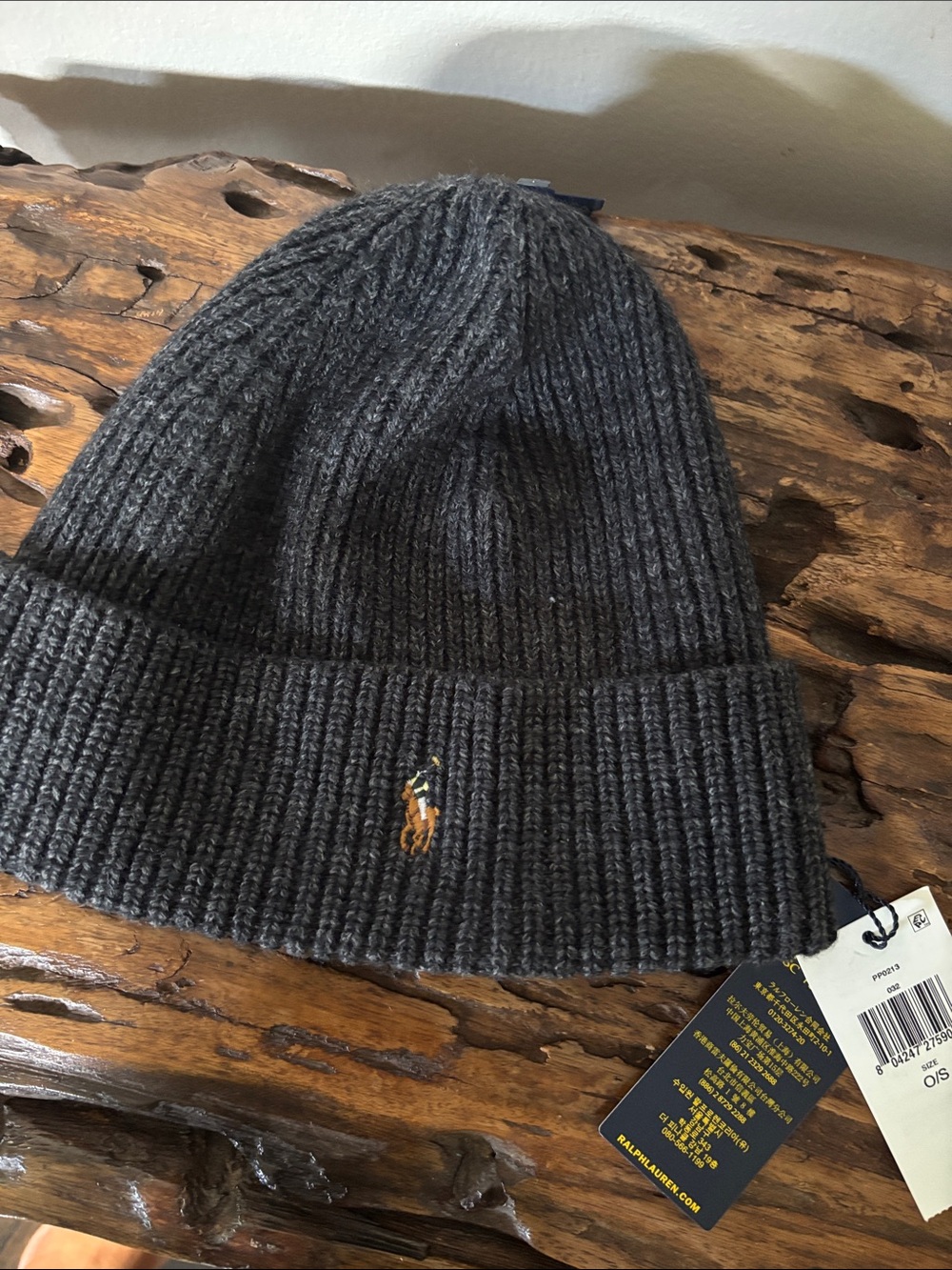 Polo by Ralph Lauren Charcoal Ribbed Knit Beanie with Embroidered Pony NWT - Picture 2 of 6